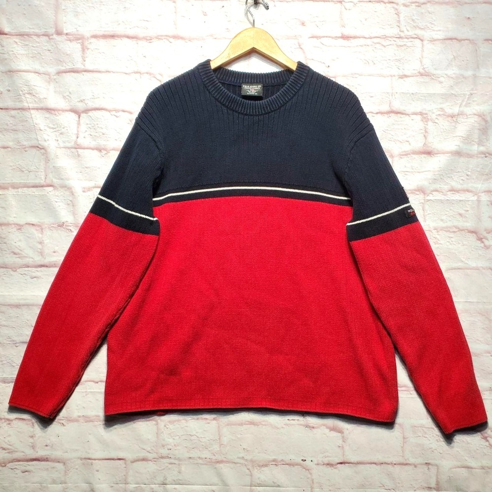 VTG Ralph Lauren Polo Jeans Co Sweater Mens Large Red USA Flag Cotton Y2K Retro